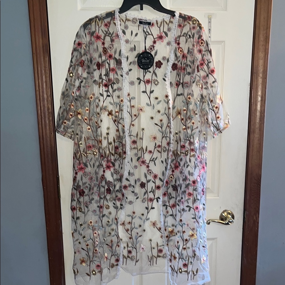 NWT-vivid-3X-embroidered flowers & ladybugs,mesh, kimono cardigan/swim cover-up.